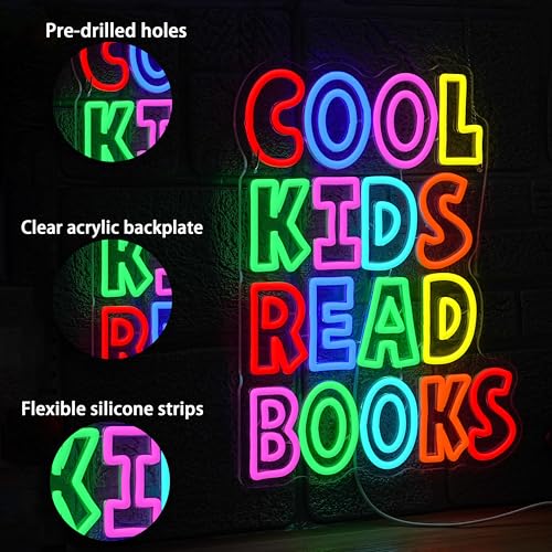 Cool Kids Read Books Neon Sign for Wall Decor Reading Letters Neon LED Light USB Powered Book LED Light Sign for Classroom Library School Girls Boys Room(12.6 * 16.54In) - style: Cool Kids Read Books