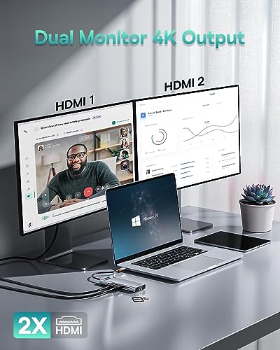 Baseus Laptop Docking Station Dual Monitor 9 in 1 USB C Hub up to 4K@120Hz | 2 HDMI, 1000Mbps LAN, Max 85W PD, 3 USB, SD Card Reader, USB C Dock Compatible with iPhone/Mac/Dell/HP/Surface/Steam Deck - size: 9 in 1