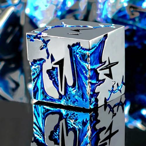D&D Metal Dice Set, 7 Die Weighted Polyhedral Dice for Dungeons and Dragons and Pathfinder, Blue Dragon Engraved RPG Dice with Easy Read Numbers & Protective Gift Box for Tabletop Role Playing Games - color: Silver Black