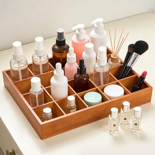FUNSUEI 3 PCS Multi Compartment Wooden Tray, Grid Display Wood Serving Tray with 20 Sections, Wood Drawer Organizer Divided Snack Storage Box for Jewelry, Card Sorting, 14x11x2 Inch Brown - size: 3 PCS 20 Sections