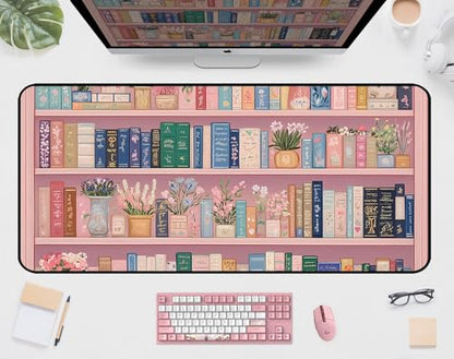 Cute Bookshelf Deskmat, Pink Desk Pad Mousepad XXL, Game Pad, Large Office Desk Keyboard Mat, Anti Slip Rubber Base and Sewn Edge Mouse Mat, Beautiful Reading Space Desktop Decor 31.5"X15.7" - color: Pink Bookshelf