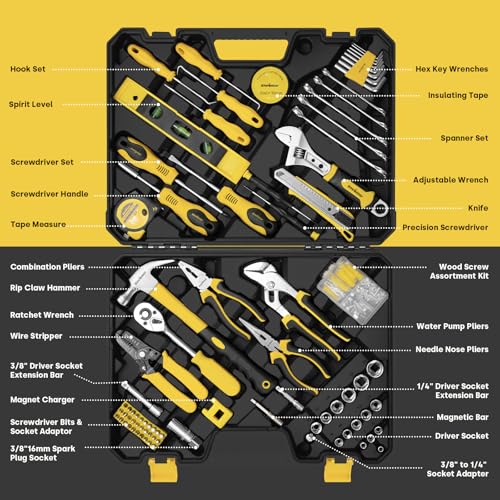 Enventor Tool Set with 1/4 in and 3/8 in Metric Sockets, 231 Pieces | 8-15 MM Wrenches, Quick-release Ratchet for Home Repairs, DIY projects, and Auto Maintenance