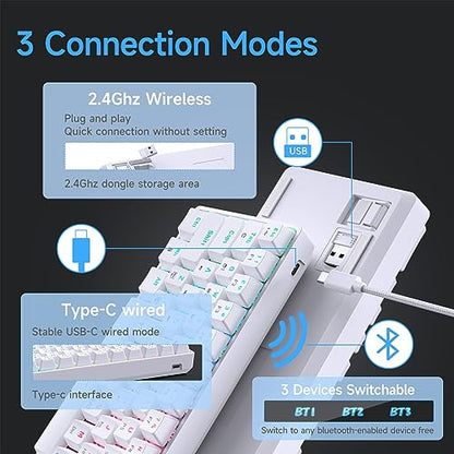 DIERYA DK63 60% Wireless Mechanical Gaming Keyboard | Bluetooth/2.4G/Wired Keyboard | RGB Backlit Compact 63 Keys Mini Office Keyboard | with Blue Switch | for Windows Laptop PC Gamer Typist-White - style: White/Blue Switches