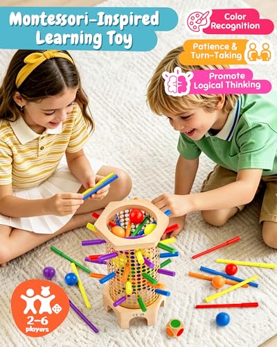 Easy-Setup Wooden Stick Montessori Tower Game for Kids 3-8 | Flexible 544-Hole Layout, Shaped No-Slip Slots, 42 Color Rods, 12 Balls, Storage Bag Included, Family Night, Ideal Gift