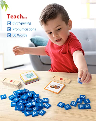 Coogam Wooden Short Vowel Reading Letters Sorting Spelling Games, Site CVC Words Learning Flashcards Alphabet Puzzle Montessori Educational Toy Gift for Kids 3 4 5 Years Old