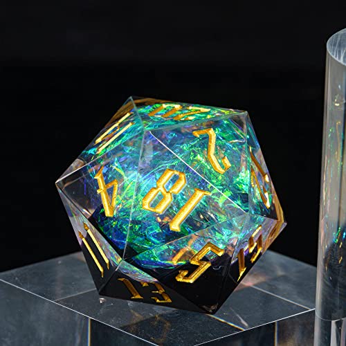 Cusdie Single D20 DND Dice with Sharp Edges and Glitter Foil Inclusions, 20 Sided D&D Dice, 33mm Handcrafted, for Role Playing Game (Black/T) - color: Black Transparent