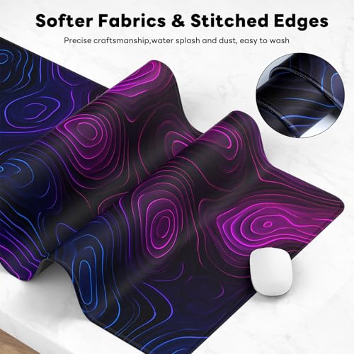 Large Gaming Mouse Pad, XL Desk Protector, Non-Slip Base | 31.5x15.7 in Extended Desk Mat with Stitched Edges for Keyboard, Work, Game, Office, Home PC and Laptop - color: Neon Contours