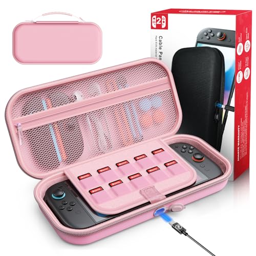 Auarte [Charge Inside Carrying Case for Switch 2 Console (2025)/OLED-Pink | Slim Hard Portable Travel Carry Case Bag for Switch 2 Accessories with 10 Game Card Storage - color: Pink