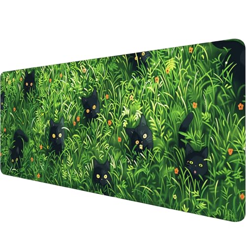 Cute Cat Desk Pad Mouse Pad Green Plant Kawaii Black Cat Flower Large Gaming Mouse Mat with Stitched Edges,Non-Slip Waterproof Rubber Base Mous Mat 31.5"x11.8" Office Computer Keyboard Laptop Home - color: Cute Cat_003, size: 11.8" x 31.5"