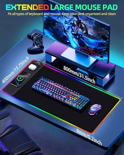 Wireless Charging Mouse Pad, RGB Gaming Desk Mat, 31.5"x15.7" | Large Desk Pad, 13 Light Modes, Ultra-Smooth Surface, Non-Slip Base, Waterproof Computer Keyboard Mat for PC, Laptop, Black - color: Black