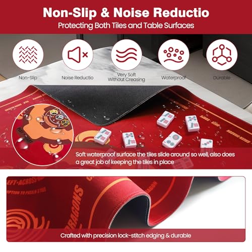 Mahjong Mat (33"x33")- American Mah Jongg Gaming Table Mat with Rules (Red) | Noise Reduction Non-Slip Mahjong Mat for Table with 3 Dice & Carrying Bag, for Mahjong Set/Poker/Card/Dominoes/Board Games - color: Red
