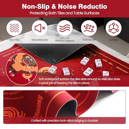 Mahjong Mat (33"x33")- American Mah Jongg Gaming Table Mat with Rules (Red) | Noise Reduction Non-Slip Mahjong Mat for Table with 3 Dice & Carrying Bag, for Mahjong Set/Poker/Card/Dominoes/Board Games - color: Red