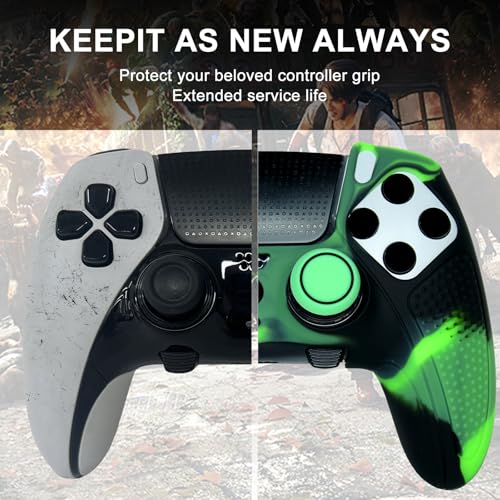 Green Black Anti-Slip Controller Skin,Studded Edition Protective Silicone Cover Skin Grips Compatible with PS5 Edge Controller and 6 PCS Thumb Grips Caps. - color: Green Black
