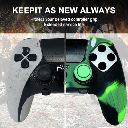 Green Black Anti-Slip Controller Skin,Studded Edition Protective Silicone Cover Skin Grips Compatible with PS5 Edge Controller and 6 PCS Thumb Grips Caps. - color: Green Black