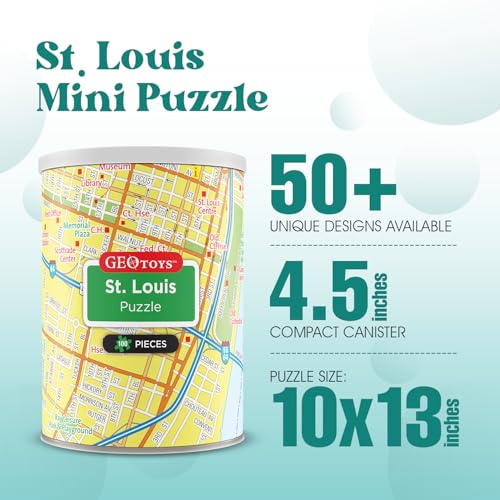 Geotoys St. Louis Mini City Puzzle - 100 Piece Puzzles for Kids and Adults in Portable Can, 13" x 10" Educational Travel Puzzle for Ages 7 and Up - Mini Puzzles to Learn & Explore Geography - style: St. Louis