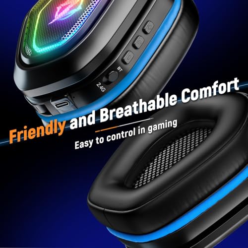 Ozeino 2.4GHz Gaming Headset Wireless with Flip Mic for Ps5, Ps4, PC, Gaming Headphones with RGB Light, 40Hr Battery Bluetooth Headset for Laptop, Mobile, Mac - color: Blue