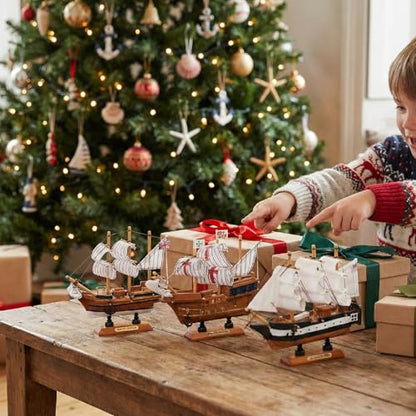 Historic Wooden Ship Models 6inch Set of 3, Mayflower, Santa Maria, USS Constitution, Nautical Ship Decor for Home Office Shelf, Maritime Collectible Gift for Son