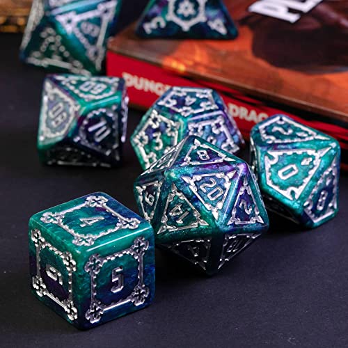 cusdie 7 Pcs 25mm Giant DND Dice with Dragon Eye Dice Bag, Polyhedral Dice Set, D&D Dice for Pathfinder RPG(Green/Purple) - color: Green/Purple