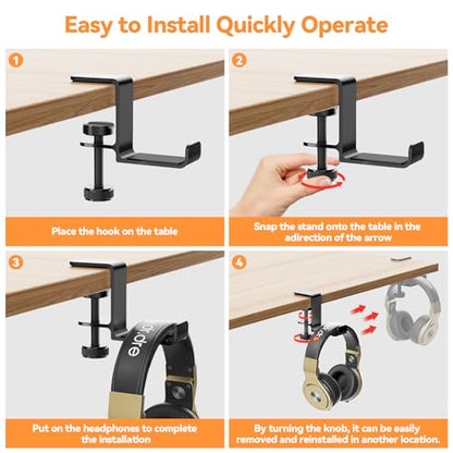 Headphone Hanger Holder Stand-Under Desk Headphone Hanger， Headset Hook Holder Space-Saving Aluminum Stand with Universal Fit for Gaming PC Accessories (Black-1PCS)