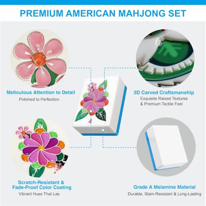 Mahjong Tile Set - 168 Engraved American Mah jongg Tiles Game Sets - Blue Complete Cute Mah Jong, Beautiful Pretty 1.2” Majong Only, 3D Carving Mahjongg with Bag and Dice Accessories (Blue) - color: Blue