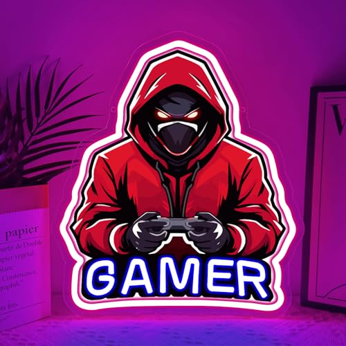 Gamer Neon Sign for Bedroom, Red Hooded Ninja Gamer LED Neon Light with Blue & Pink Neon Outline, Unique Gaming Wall Decor for Game Room, Man Cave, Perfect Gamer Gift for Men, Teens & Boys - color: Gamer Cool