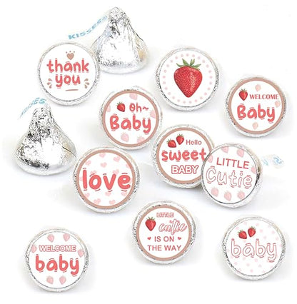 Guess How Many Candies Game Set - 50 Guessing Cards, Standing Sign, 180 Candies Stickers for Strawberry Baby Showers & Birthday Parties - color: Red