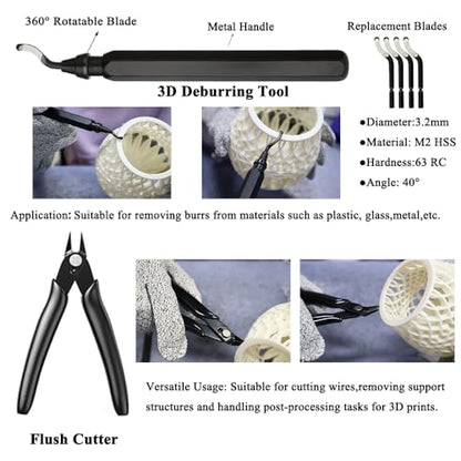 62PCS 3D Printer Tools Kit, 3D Printer Accessories with Deburring Tool,Needle File Set, Nozzle Cleaning Kit, Scraper, Pliers, and Hand Drill for 3D Print Model Smoothing, Finishing and Carving - color: Black box 62pcs