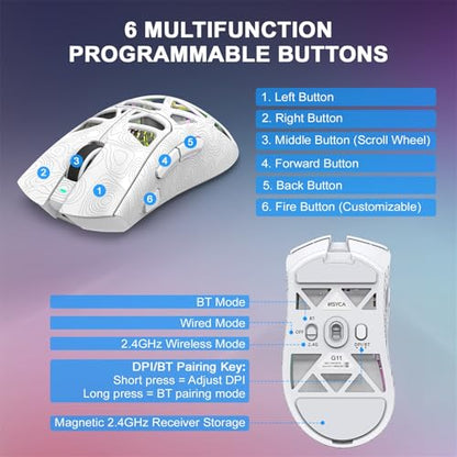 G11 RGB Wireless Gaming Mouse for Gaming Setup & Multi-Device Use, Tri-Mode Bluetooth 5.1/2.4GHz/USB-C, 22000 DPI Lightweight Programmable Mouse for PC, Laptop & Mac - color: Line White