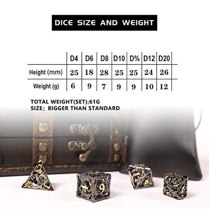 AncientDeer DND Dice Set 7 Pieces D&D Pure Copper Hollow Polyhedral | DND Dice W/ Gift Box & Dice Bag for DND RPG Explorers Savage World and Table DND Dungeons and Dragons Role Playing - color: Black Gold