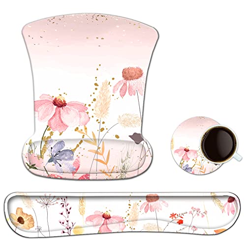 AIMSA Keyboard Wrist Rest and Mouse Pad with Wrist Support Set, Memory Foam Ergonomic Non-Slip Rubber Base, Easy Typing and Pain Relieve for Computer, Laptop,Pink Flowers - color: Pink Flowers