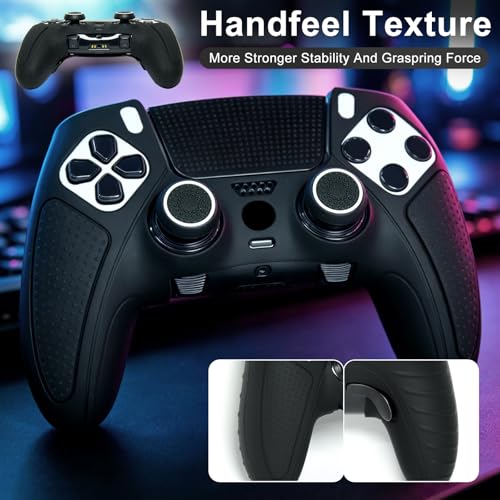 Black Anti-Slip Controller Skin,Studded Edition Protective Silicone Cover Skin Grips Compatible with ps5 dualsense Edge Controller and 6 PCS Thumb Grips Caps. - color: Black