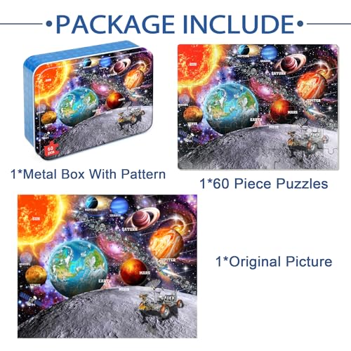 Puzzles for Kids Ages 4-6, 60 Piece Puzzles for Kids Ages 3-5 in Metal Box | Educational Space Jigsaw Puzzles Kids Puzzles,Childrens Puzzle Games Puzzle Toys for Girls and Boys - color: Space