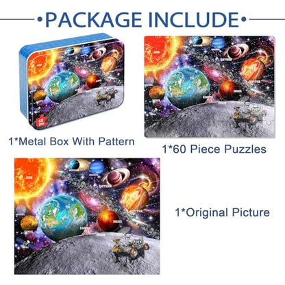 Puzzles for Kids Ages 4-6, 60 Piece Puzzles for Kids Ages 3-5 in Metal Box | Educational Space Jigsaw Puzzles Kids Puzzles,Childrens Puzzle Games Puzzle Toys for Girls and Boys - color: Space