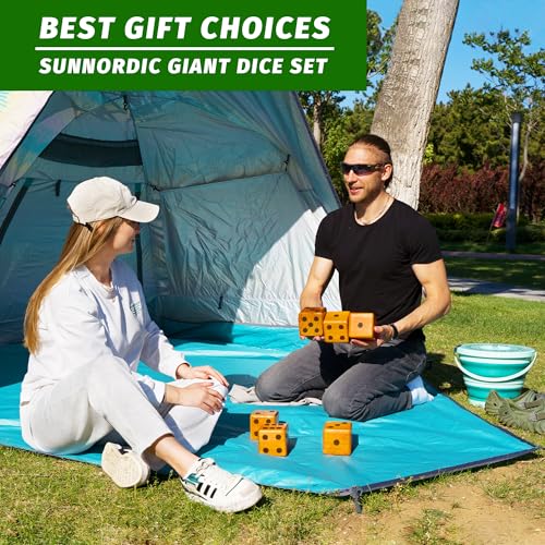 SunNordic Giant Dice Yard Game – 6 Large Wooden Outdoor Dice Set with Scoreboard & Portable Collapsible Bucket – Classic Backyard Lawn Game for Adults, Kids & Family