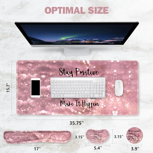 ToLuLu Extended Gaming Mouse Pad, Memory Foam Ergonomic Keyboard Mouse Wrist Rest Support Set, Large Desk Mat with Stitched Edges, Non-Slip Base Mousepad for Home Office Game, Pink Stay Positive - color: Pink Stay Positive