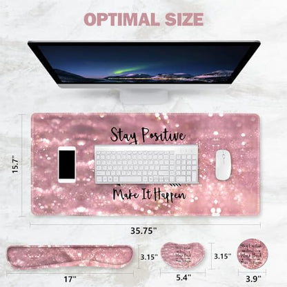 ToLuLu Extended Gaming Mouse Pad, Memory Foam Ergonomic Keyboard Mouse Wrist Rest Support Set, Large Desk Mat with Stitched Edges, Non-Slip Base Mousepad for Home Office Game, Pink Stay Positive - color: Pink Stay Positive