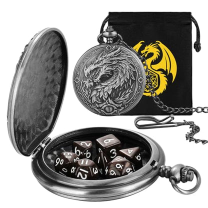 Mini DND Dice Set, 7-Piece Polyhedral Acrylic D&D Dice, with Steampunk Dragon Large Pocket Watch Case, DND Gift Bag with Dragon Logo, Role Play Board Game Accessories, Dark Silver + Brown - color: Silver + Brown