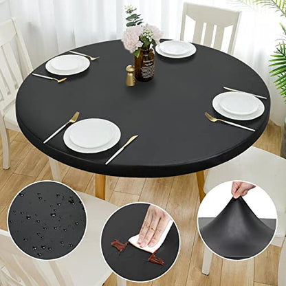 Double Fitted Design PU Round Fitted Tablecloth, Anti-Tear Wipeable Elastic Round Tablecloth, Soft-Touch Fitted Table Cloth, Waterproof Oil-Proof Table Cover (Black, 40"-44" Round) - color: Black, size: 43" (Round)