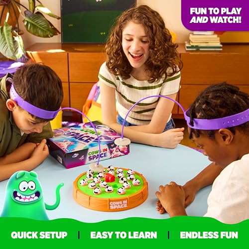 Cows in Space By Relatable - 2026 Toy of The Year Finalist, The Kid-Friendly Extraterrestrial Fun 2 Player Games - Includes 2 UFO Headbands, 1 Electronic Spinning Base, 21 Cows, and Instructions