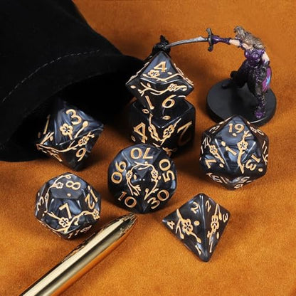 CiaraQ 7pcs Polyhedral Dice Set for Dungeon and Dragons MTG Table Games | Acrylic Role Playing Dice for D&D with Black Velvet Bag – Black Pearl with Gold Numbers & Patterns - color: Black and Gold Floral Dice