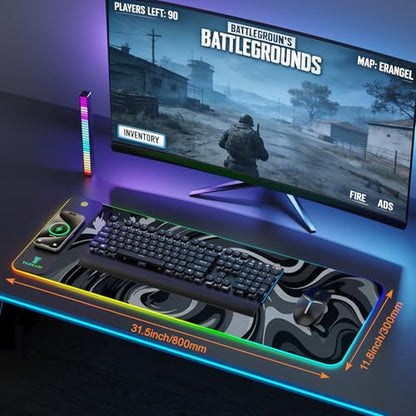 TARKARI Magnetic Wireless Charging RGB Mouse Pad, Large Gaming Desk Mat Waterproof, 31.5"x11.8" Black Mousepad, Ultra-Smooth Surface, Non-Slip Rubber Base, Desk Pad for Keyboard Laptop - color: Ink-Splash Pattern