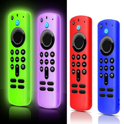 (4 Pack) ONEBOM Silicone Protective Remote Case Cover, Silicone Cover Skin| Glow in The Dark(Blue&Purple&Red&Green) - color: (Black Lanyard)Glow Green&Glow Purple&Red&Blue