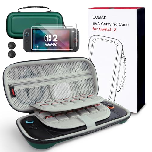 CoBak Large Capacity Carrying Case for Nintendo Switch 2 (2025) | 3 in 1 Accessories Bundle with 2 Screen Protectors, Thumb Grip Caps, 24 Game Cartridges, Hard Shell Portable Travel Pouch - color: Dark Green, size: 7.9 inch