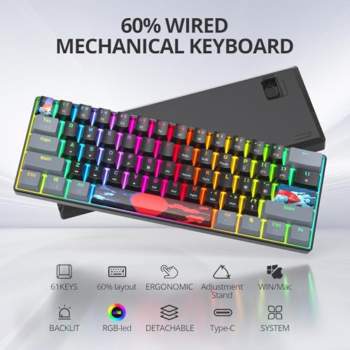 60% Mechanical Keyboard Grey and Black, Compact 60 Percent Gaming Keyboard RGB Backlit, 61 Keys Mini Keyboard, USB Wired Office Keyboard for Windows Mac Laptop PC (61 Dark/Blue Switches) - color: 61 Dark/Blue Switch