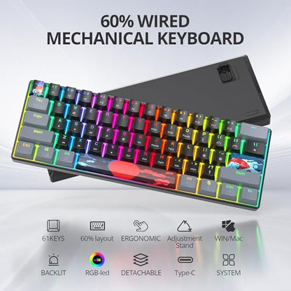 60% Mechanical Keyboard Grey and Black, Compact 60 Percent Gaming Keyboard RGB Backlit, 61 Keys Mini Keyboard, USB Wired Office Keyboard for Windows Mac Laptop PC (61 Dark/Red Switches) - color: 61 Dark/Red Switch