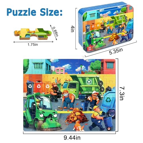 LELEMON Ocean Puzzles for Kids Ages 4-6,Recycling Garbage Truck 60 Piece Puzzles for Kids Ages 4-8,Children Jigsaw Puzzles in a Metal Box,Educational Learning Puzzle Toys for Girls and Boys - color: Recycling Garbage Truck