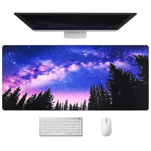 Extended Galaxy Desk Mat, XXL Large Gaming Mouse Pad, Purple Starry Sky Forest Stitched Edges Waterproof with Non-Slip Rubber Base for Computer Keyboard Laptop Work Home Office 35.4"x15.7" - color: Galaxy Forest, size: 35.4" x 15.7"
