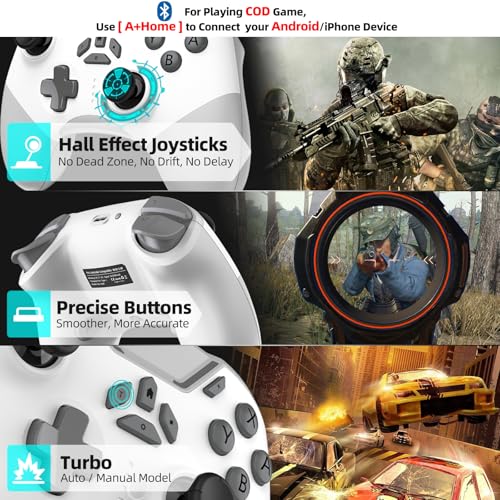 Hall Effect Bluetooth Controller for Switch/PC/iPhone/Android/Apple Arcade MFi Games/Mac/TV/Steam, Pro Wireless Game Controller with Phone Clip with Lock Speed/6-Axis Gyro/Dual Motors/Turbo/Switch Key - color: White