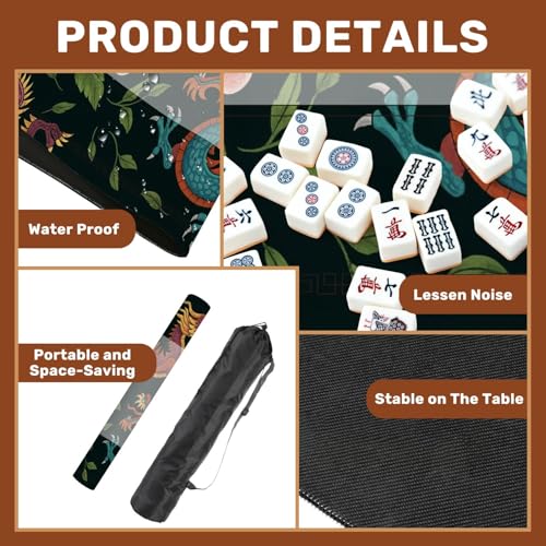 Mahjong Mat 31.5" x 31.5" Embroidery Chinese Dragons Flowers Peonies Seamless Classical Asian Non-Slip Noise Reduction Mahjong Tiles Table Cover for Dominoes Poker Card Board and Tile Games