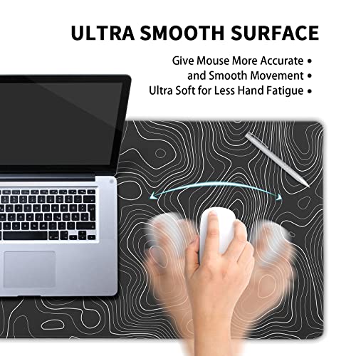 Topographic Map Large Mouse Pad XL Black Lines Contour Geographic Extended Large Desk Mat Big Desk Pad 80X30 CM Non-Slip Rubber Base Stitched Edge Long Mousepad,31.5×11.8 Inch - color: Blacktopo, size: 31.5 x 11.8 inches